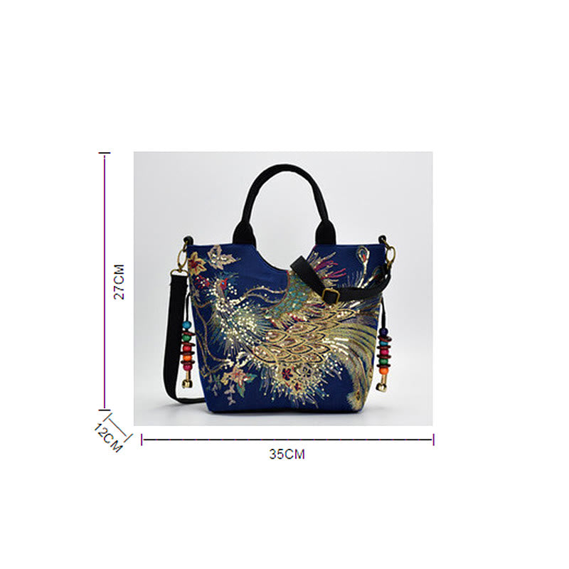 Sac fourre-tout brodé paon | Sac bandoulière en toile