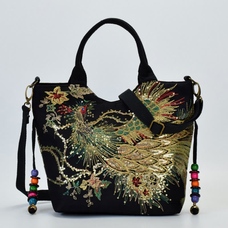 Sac fourre-tout brodé paon | Sac bandoulière en toile