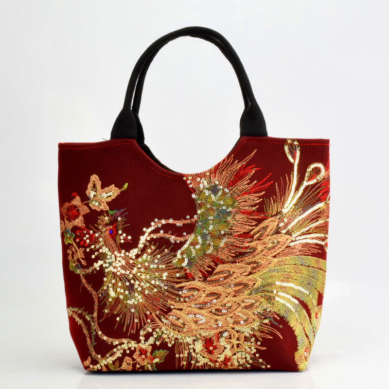 Sac fourre-tout brodé paon | Sac bandoulière en toile
