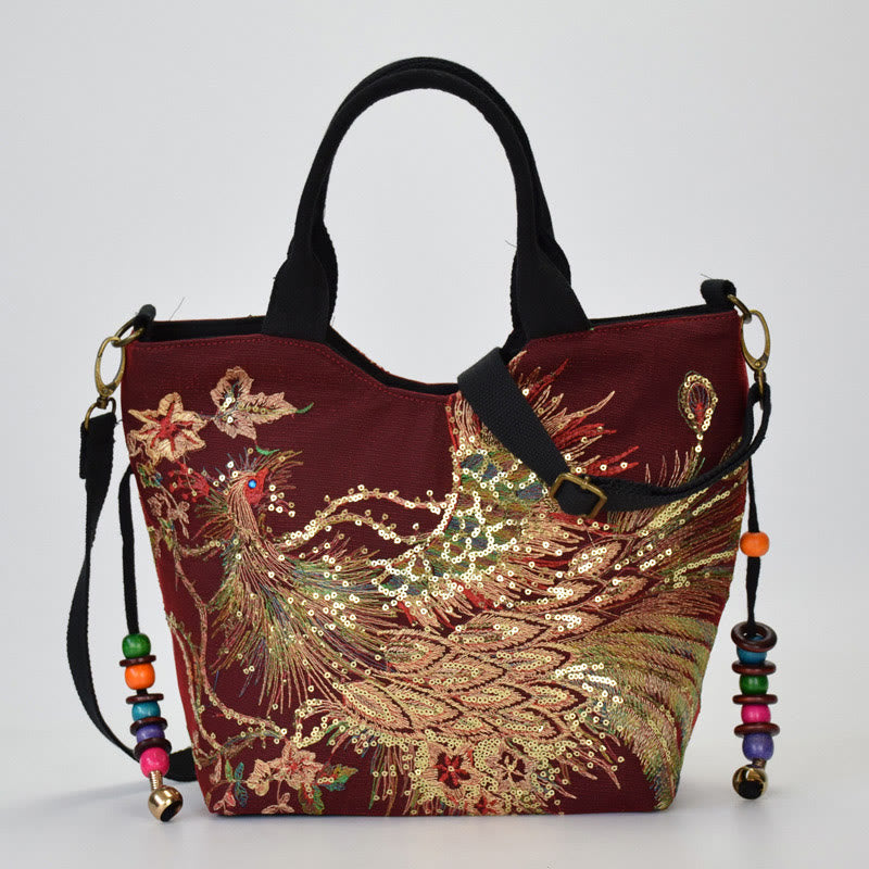Sac fourre-tout brodé paon | Sac bandoulière en toile