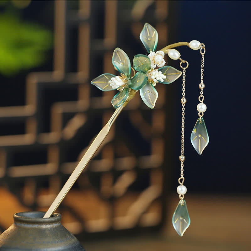 Épingle à cheveux à pompon en forme de fleur et de feuille de perle pour le calme et la richesse