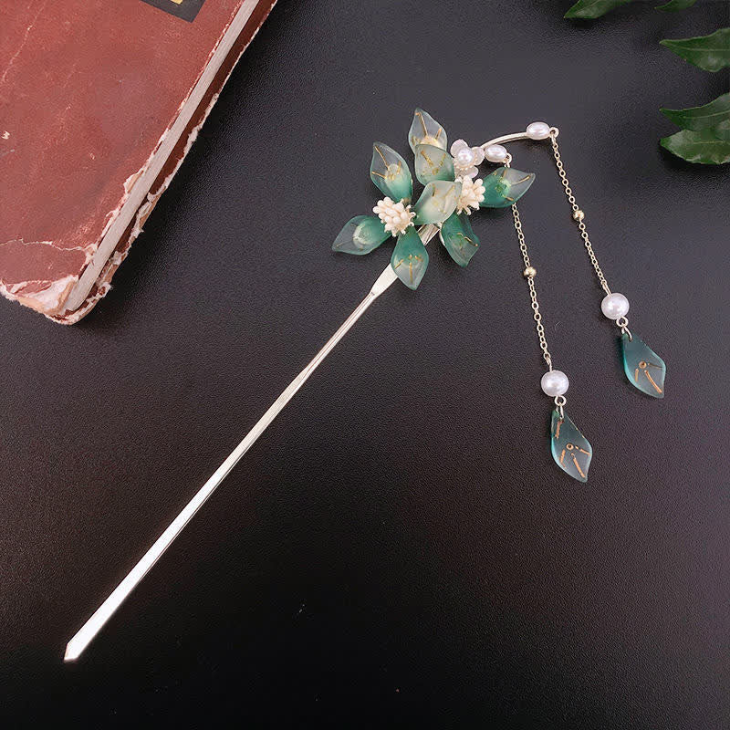 Épingle à cheveux à pompon en forme de fleur et de feuille de perle pour le calme et la richesse