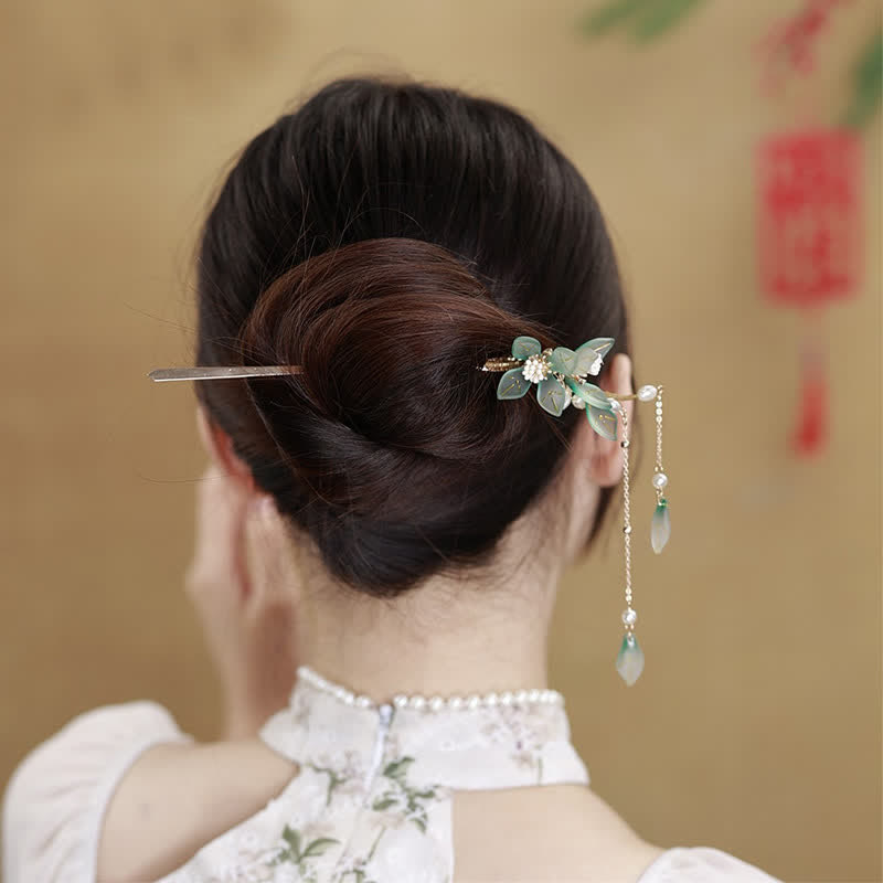 Épingle à cheveux à pompon en forme de fleur et de feuille de perle pour le calme et la richesse