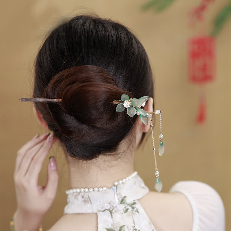 Épingle à cheveux à pompon en forme de fleur et de feuille de perle pour le calme et la richesse