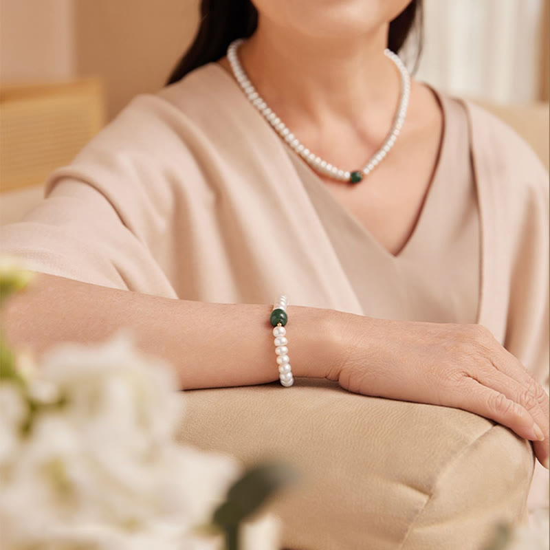 Collier et bracelet en perles de jade Hetian et aigue-marine 42 cm