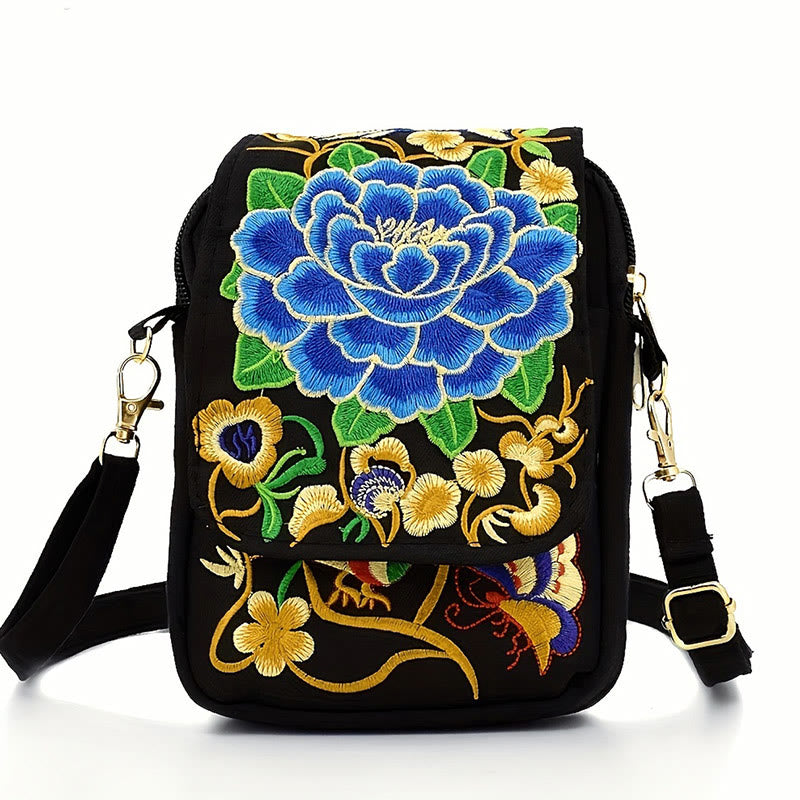 Sac bandoulière en toile brodée pivoine | Sac de yoga