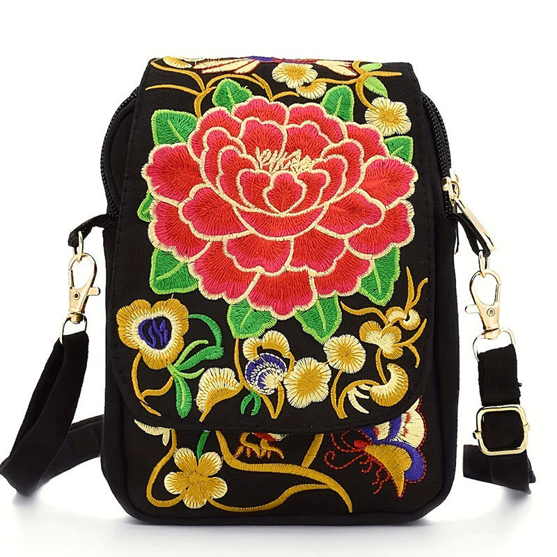 Sac bandoulière en toile brodée pivoine | Sac de yoga