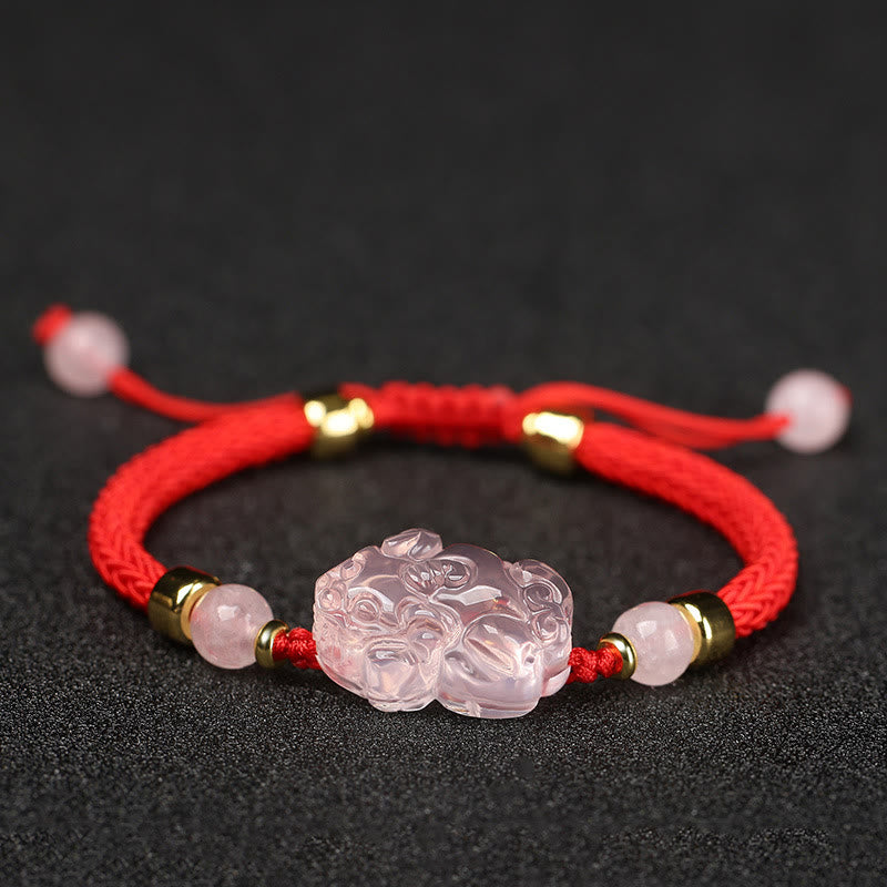 Bracelet de richesse PiXiu en cristal rose avec protection en fil rouge