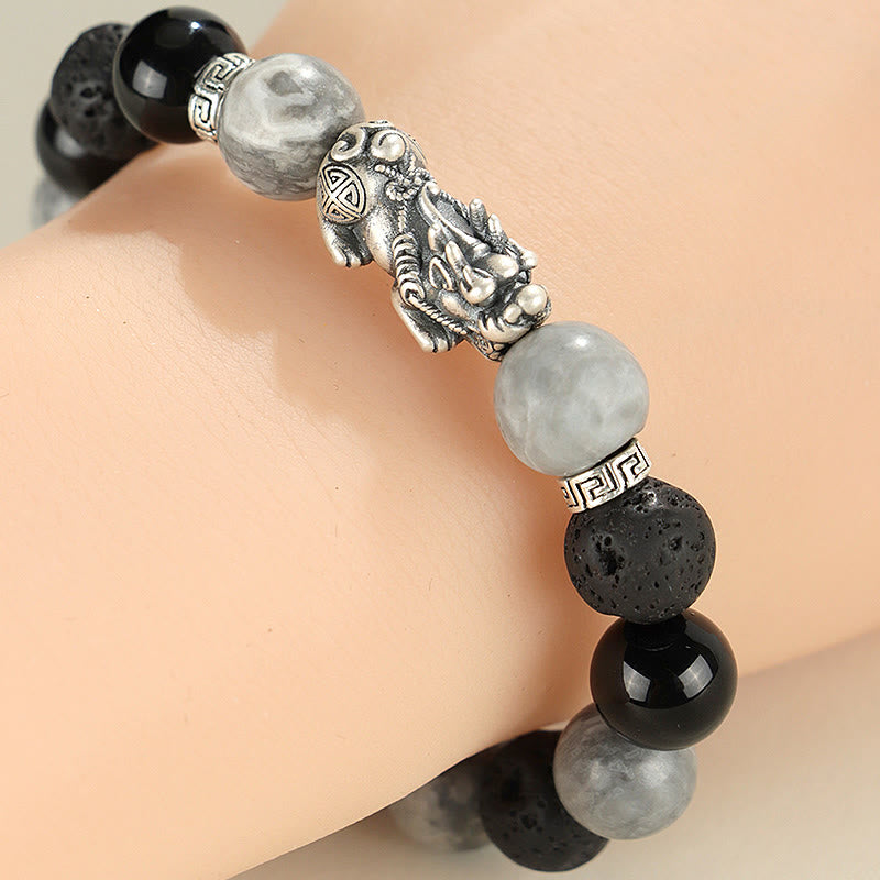 Bracelet Pixiu en onyx noir et jaspe gris en pierre de lave