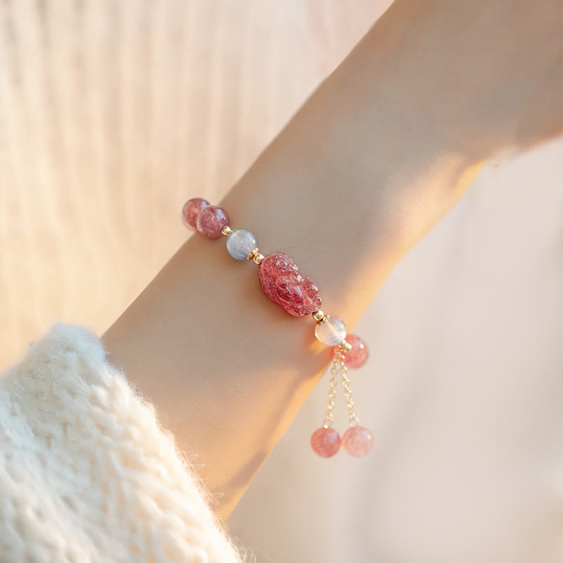 Bracelet Pixiu avec perles de 8,5 mm en quartz fraise et pierre de lune pour l'amour