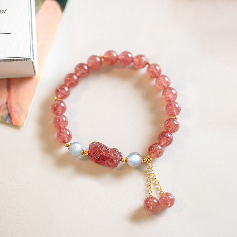 Bracelet Pixiu avec perles de 8,5 mm en quartz fraise et pierre de lune pour l'amour