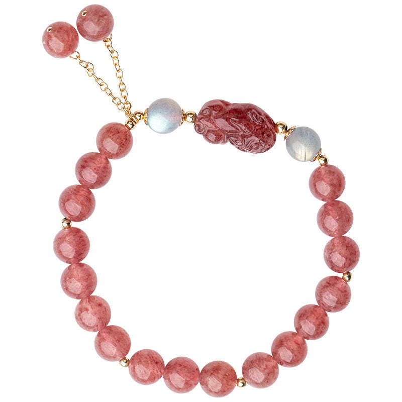 Bracelet Pixiu avec perles de 8,5 mm en quartz fraise et pierre de lune pour l'amour