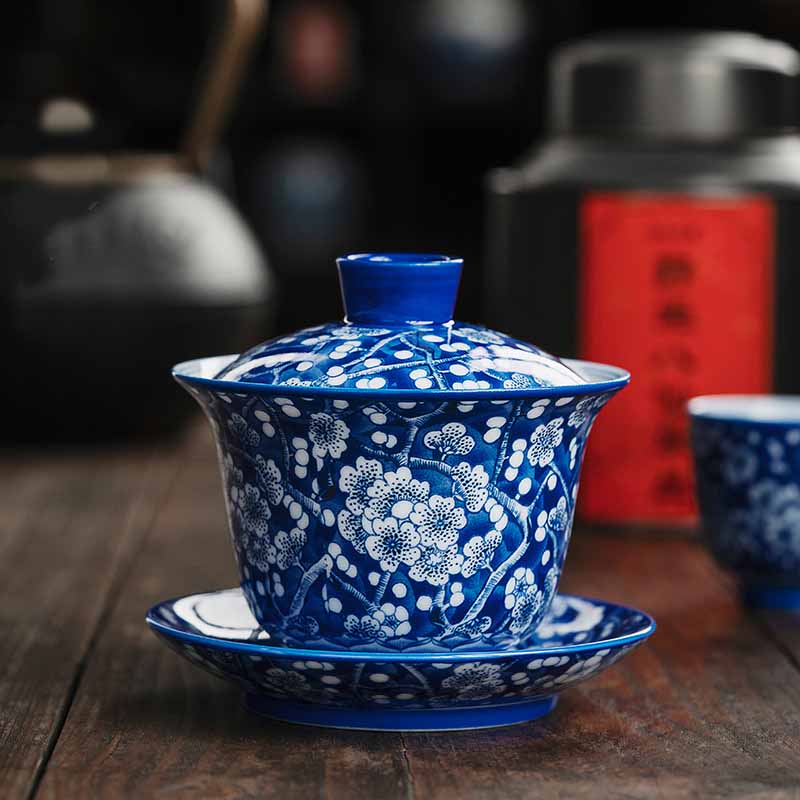 Tasse à thé Gaiwan en porcelaine bleue et blanche à motif de fleurs de prunier, 185 ml