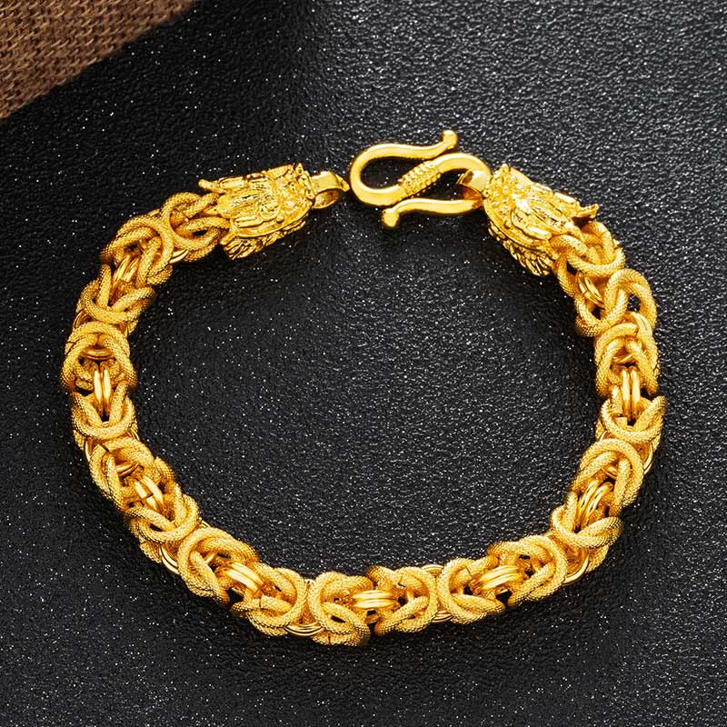 Bracelet de protection à double tête de dragon plaqué or 24 carats de qualité supérieure