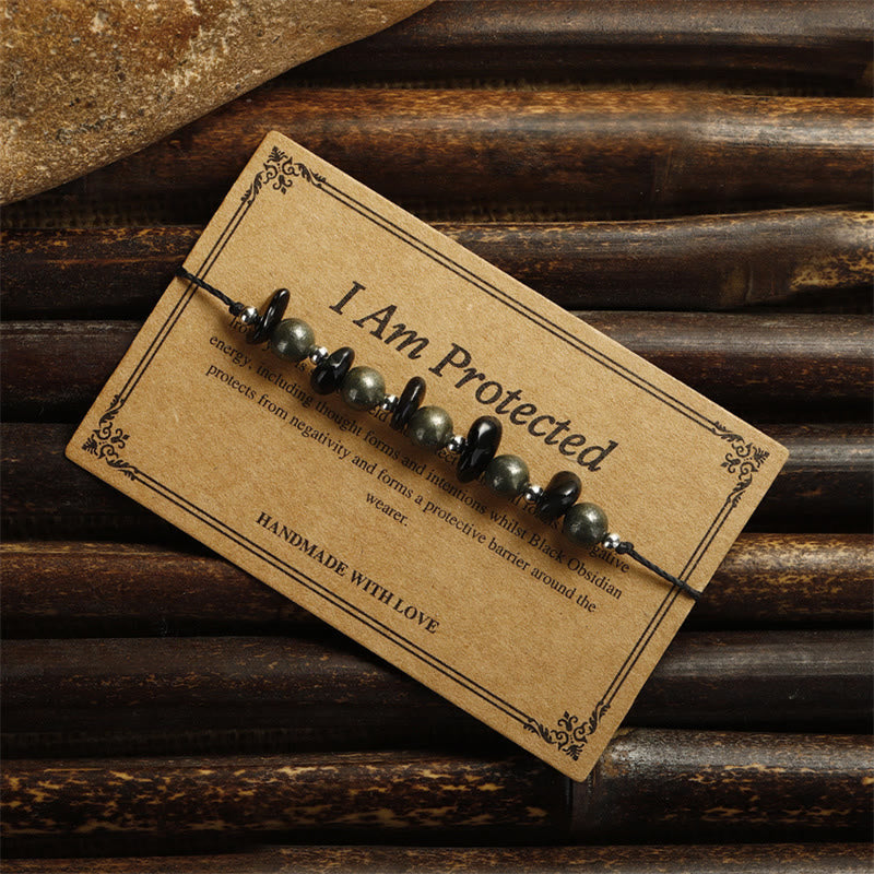 Bracelet de protection en pyrite de fer et obsidienne noire I Am Protected