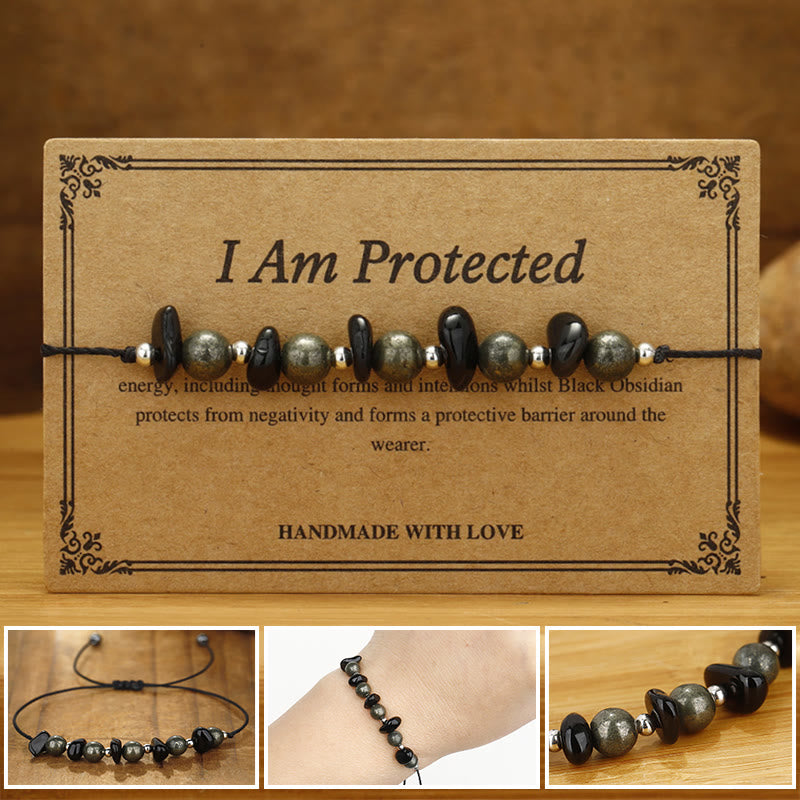 Bracelet de protection en pyrite de fer et obsidienne noire I Am Protected