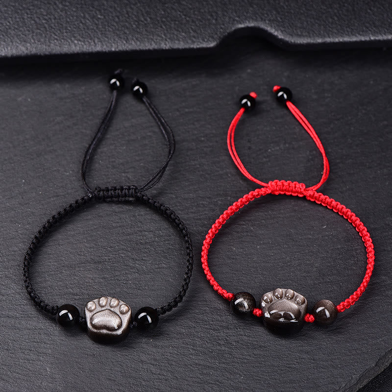 Bracelet en obsidienne protectrice | Corde patte de chat argentée et dorée
