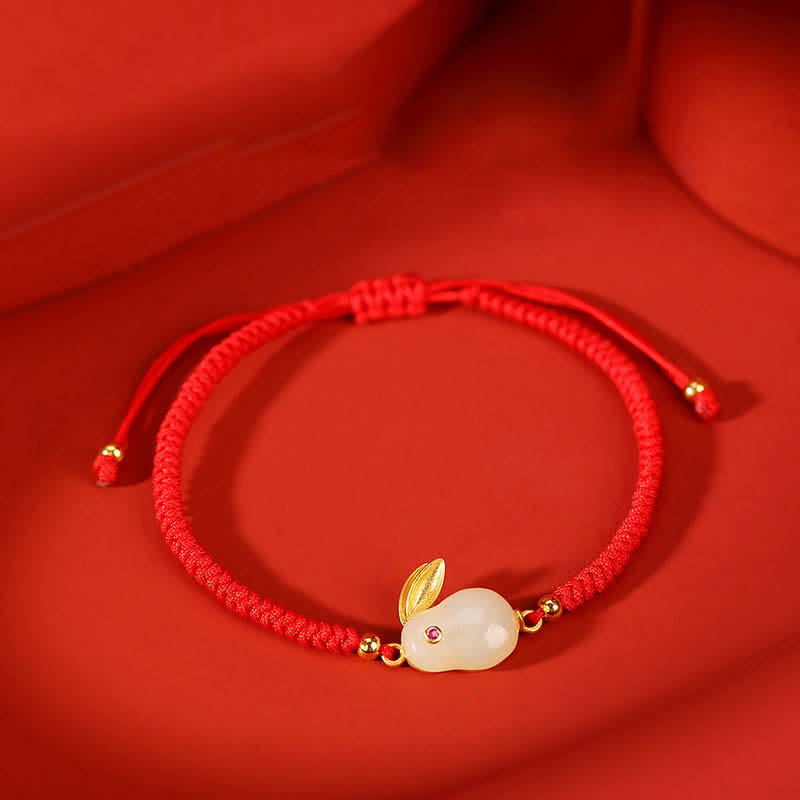 Bracelet de protection en jade blanc avec cordon rouge et breloque lapin