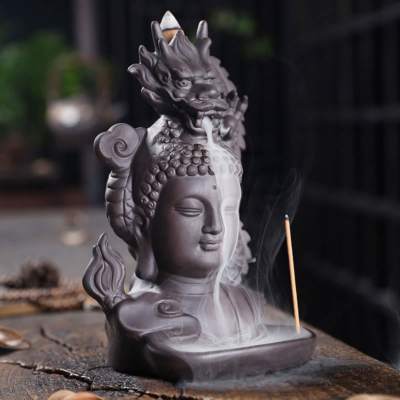 Brûle-encens Bouddha Dragon en argile violette 10,5 cm Méditation