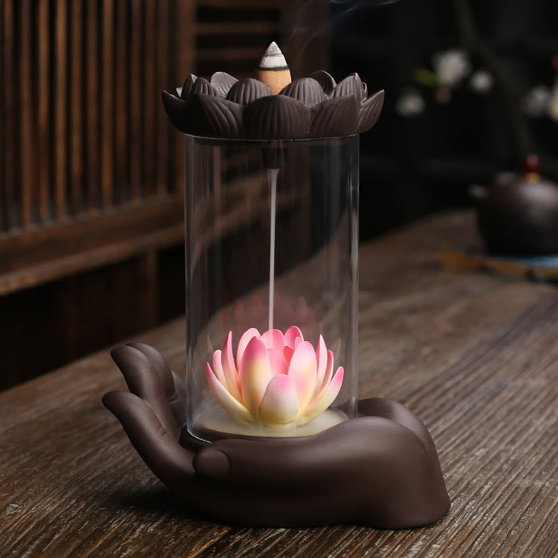 Brûleur d'encens à LED en argile violette, main de Bouddha, lotus, illumination