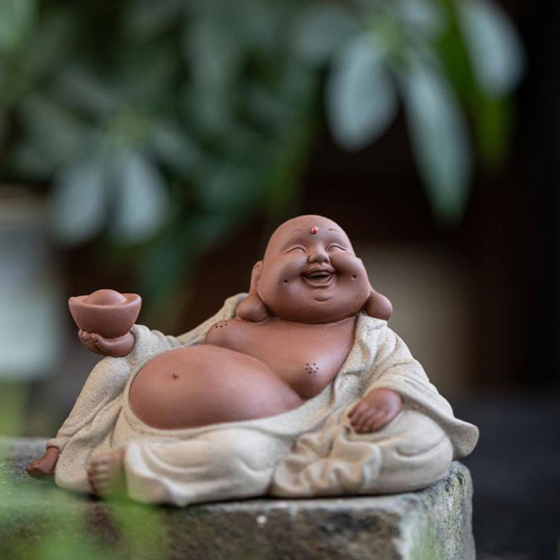 Statue de Bouddha rieur en argile violette 13,5 cm pour la richesse et la joie