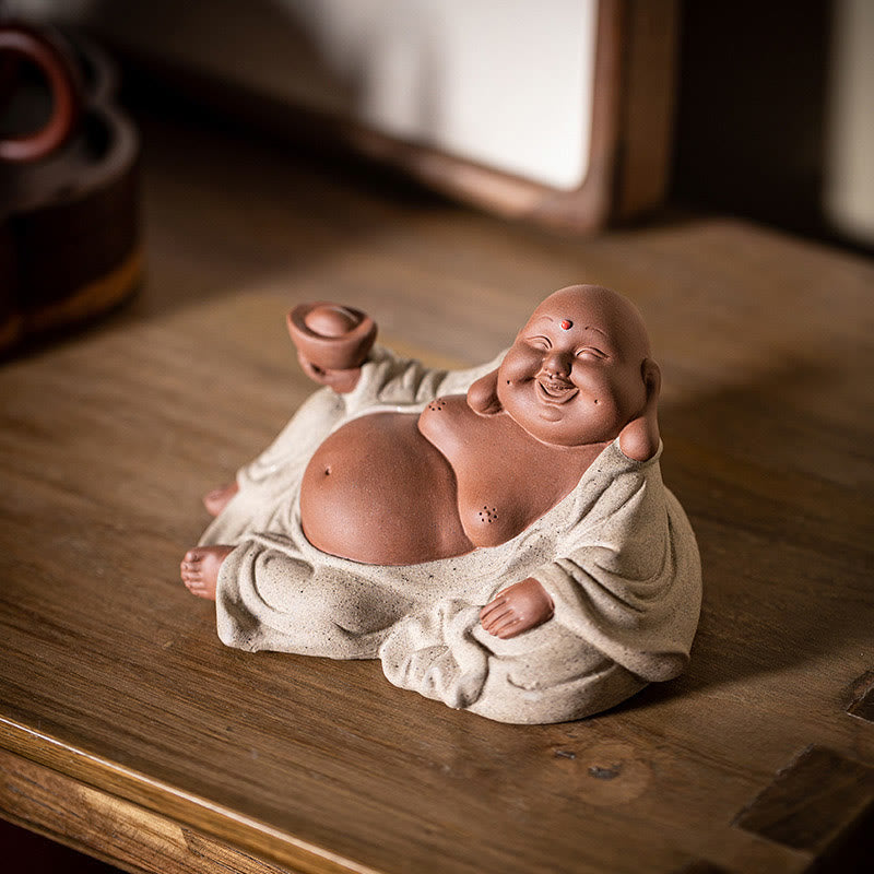 Statue de Bouddha rieur en argile violette 13,5 cm pour la richesse et la joie