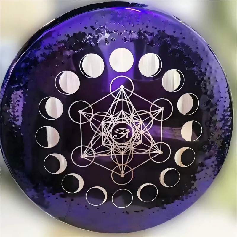 Circular purple disc with moon phases and Metatron’s Cube design on Purple Horus Eye Gong