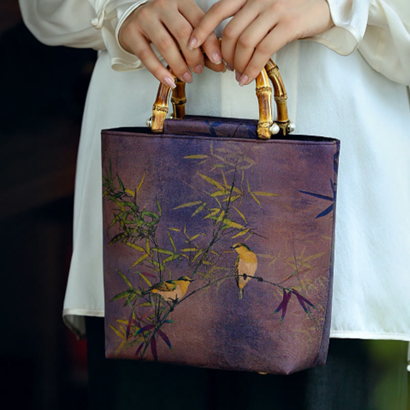 Sac à main avec poignée en bambou et oiseaux violets Magpie 23 cm