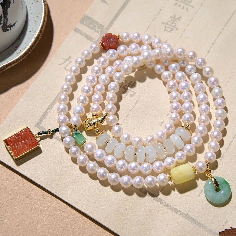 Bracelet en jade quadruple tour avec perle, agate rouge et ambre pour la chance