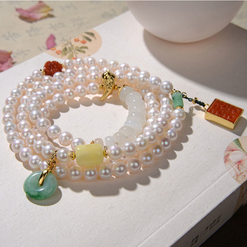 Bracelet en jade quadruple tour avec perle, agate rouge et ambre pour la chance