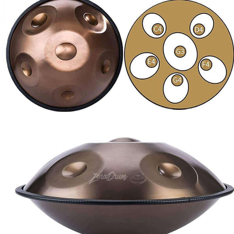 Bronze 6-Note Handpan Drum with dimpled tone fields for beginners in circular pattern
