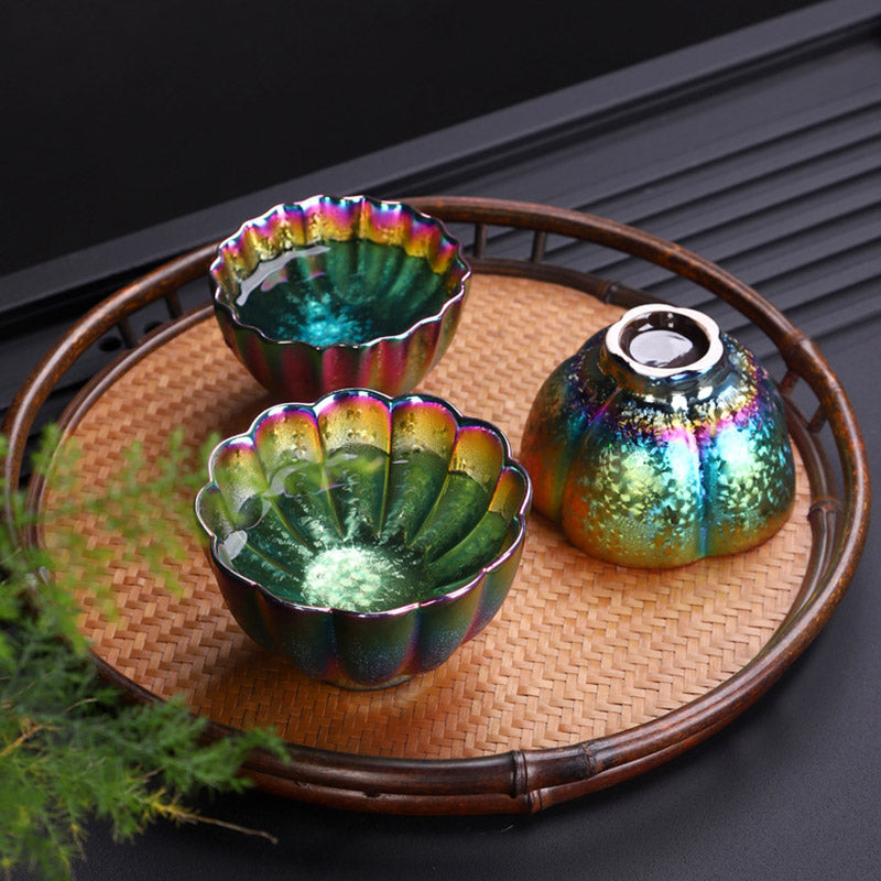 Tasse à thé en céramique Jianzhan aux couleurs arc-en-ciel et au décor zen