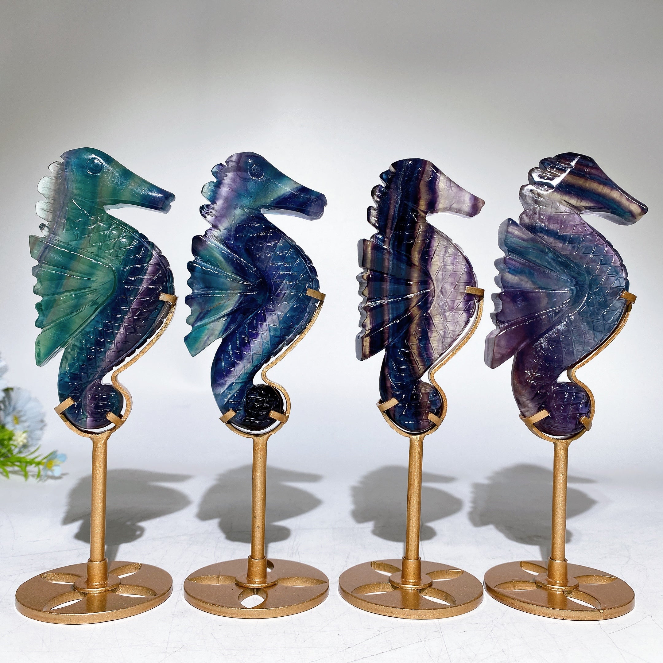 Rainbow Fluorite Seahorse Healing Crystal Carving Display