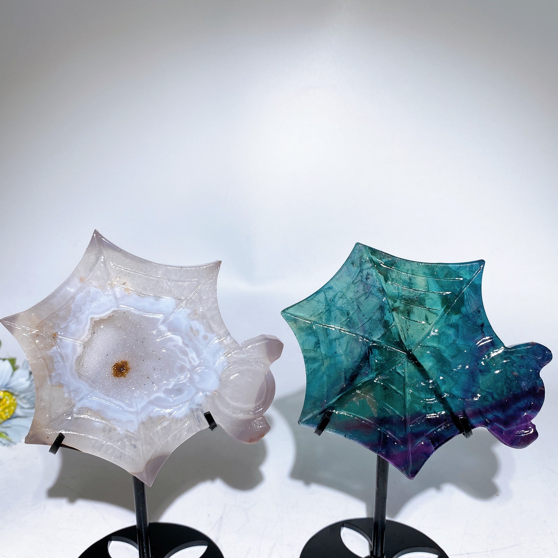 Rainbow Fluorite Spider Web Carving Crystal Figurine 10x12cm