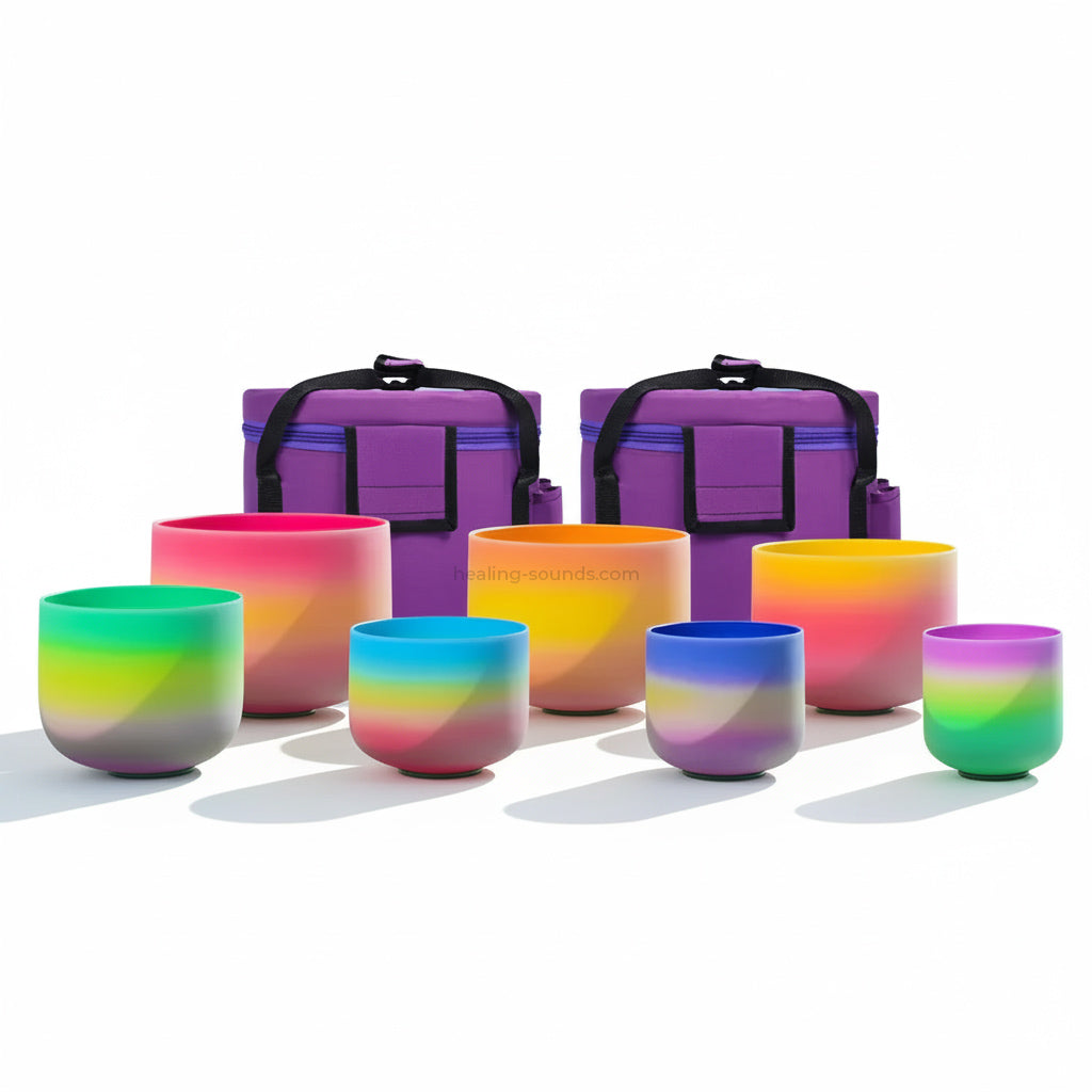 Ensemble de bols chantants en cristal de quartz givré arc-en-ciel - 7 pièces 6-14