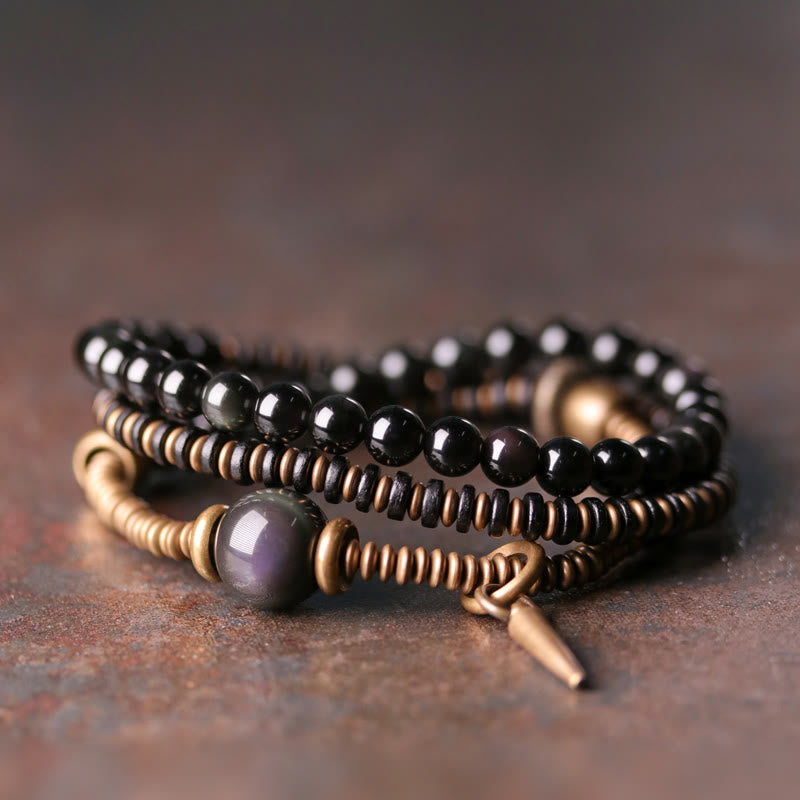 Bracelet de guérison triple tour en bois d'ébène et obsidienne arc-en-ciel