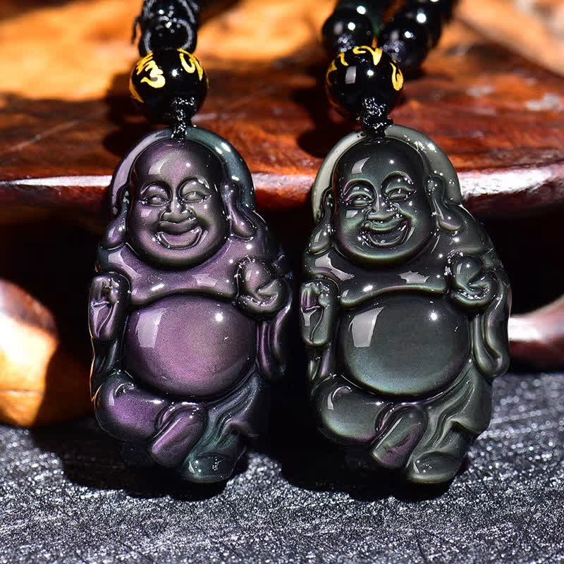 Pendentif Bouddha rieur en obsidienne arc-en-ciel pour la paix intérieure