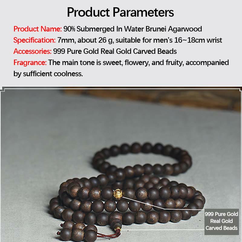 Bracelet rare en bois d'agar de Brunei avec perles en or pur