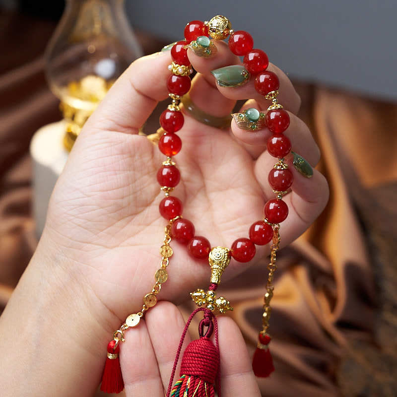 Mala de poignet en agate rouge, 18 perles et pièces de cuivre pour le calme et la confiance