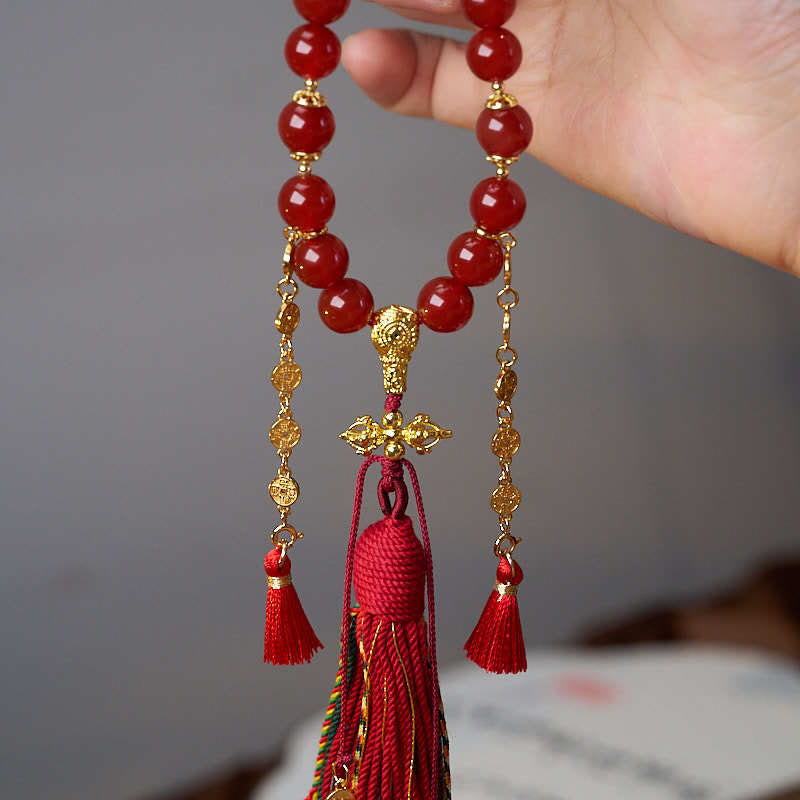Mala de poignet en agate rouge, 18 perles et pièces de cuivre pour le calme et la confiance