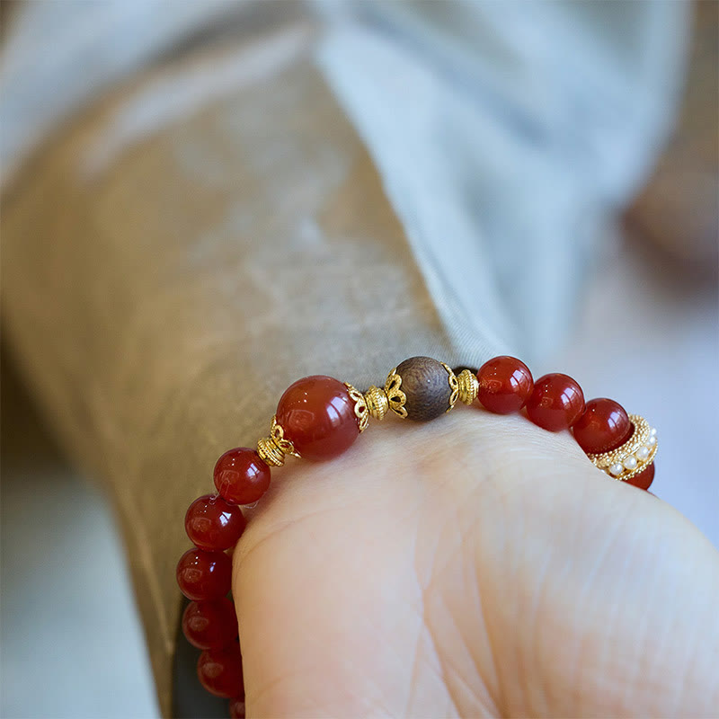 Bracelet de confiance en bois d'agar et agate rouge, perles de 8 à 12 mm