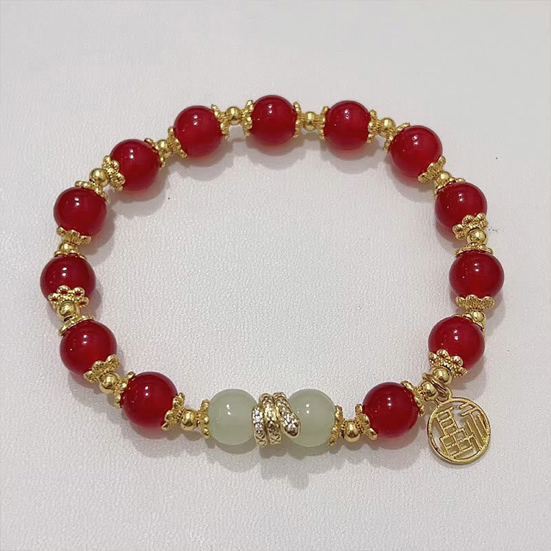 Bracelet Fu en jade et agate rouge pour l'année du serpent, énergie calme