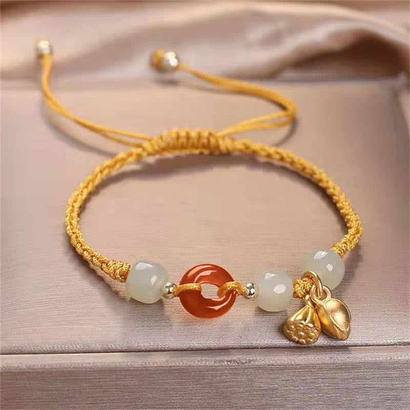 Bracelet tressé avec boucle de paix en agate rouge et jade 14-18 cm