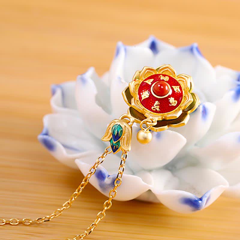 Collier en agate rouge | Pendentif lotus en argent sterling 925