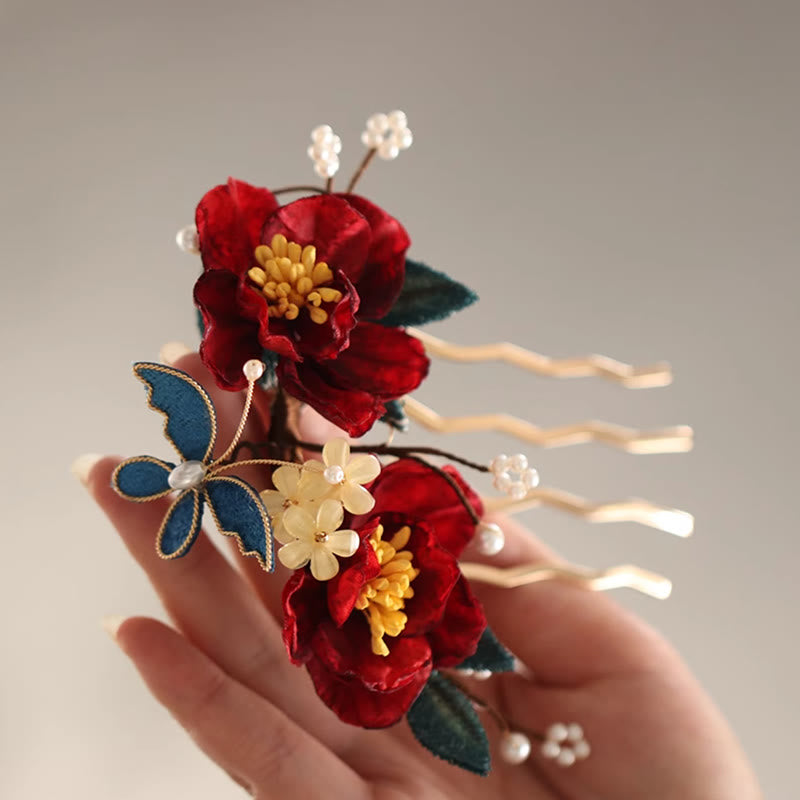 Épingle à cheveux chinoise en forme de papillon camélia rouge pour la transformation et l'espoir
