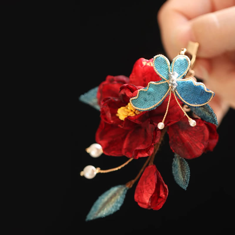 Épingle à cheveux chinoise en forme de papillon camélia rouge pour la transformation et l'espoir