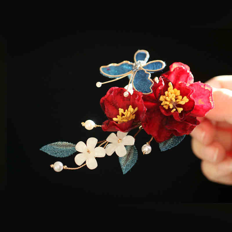 Épingle à cheveux chinoise en forme de papillon camélia rouge pour la transformation et l'espoir