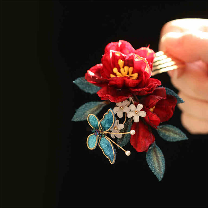 Épingle à cheveux chinoise en forme de papillon camélia rouge pour la transformation et l'espoir