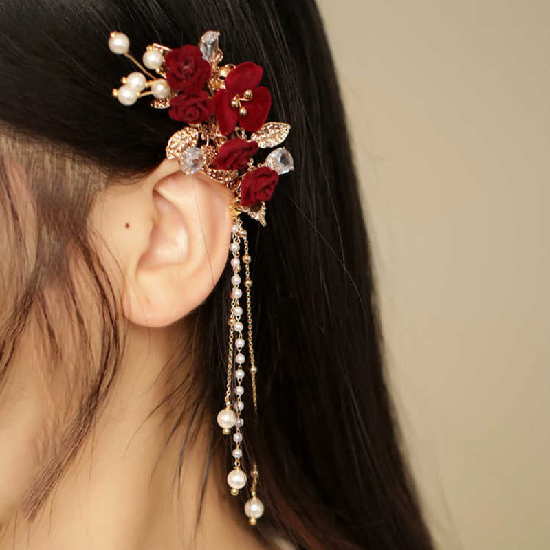 Pince à cheveux chinoise à pompon camélia rouge | Épingle à cheveux style rétro
