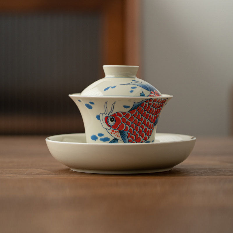 Tasse à thé Gaiwan en céramique rouge motif carpe koï 130 ml pour rituels du thé